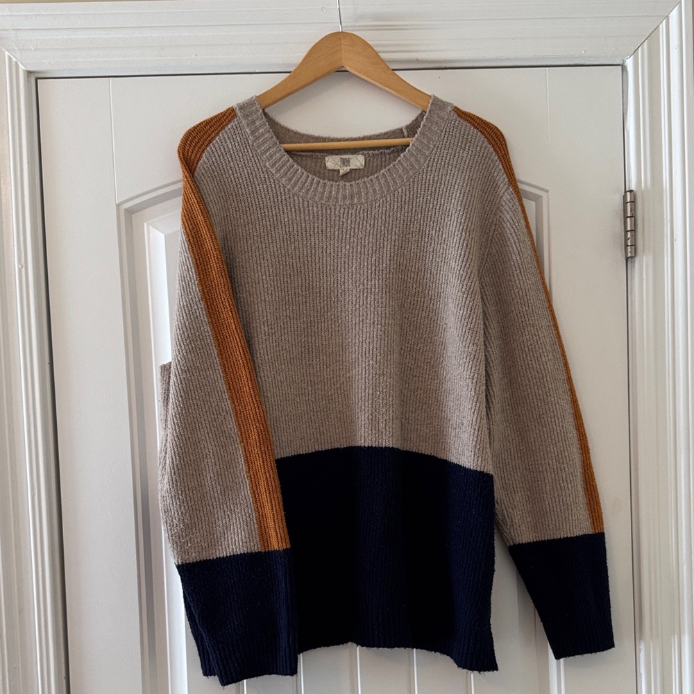 PINQUE Color Block Crew Neck Sweater 3X - “Greige” Navy Gold Stripe